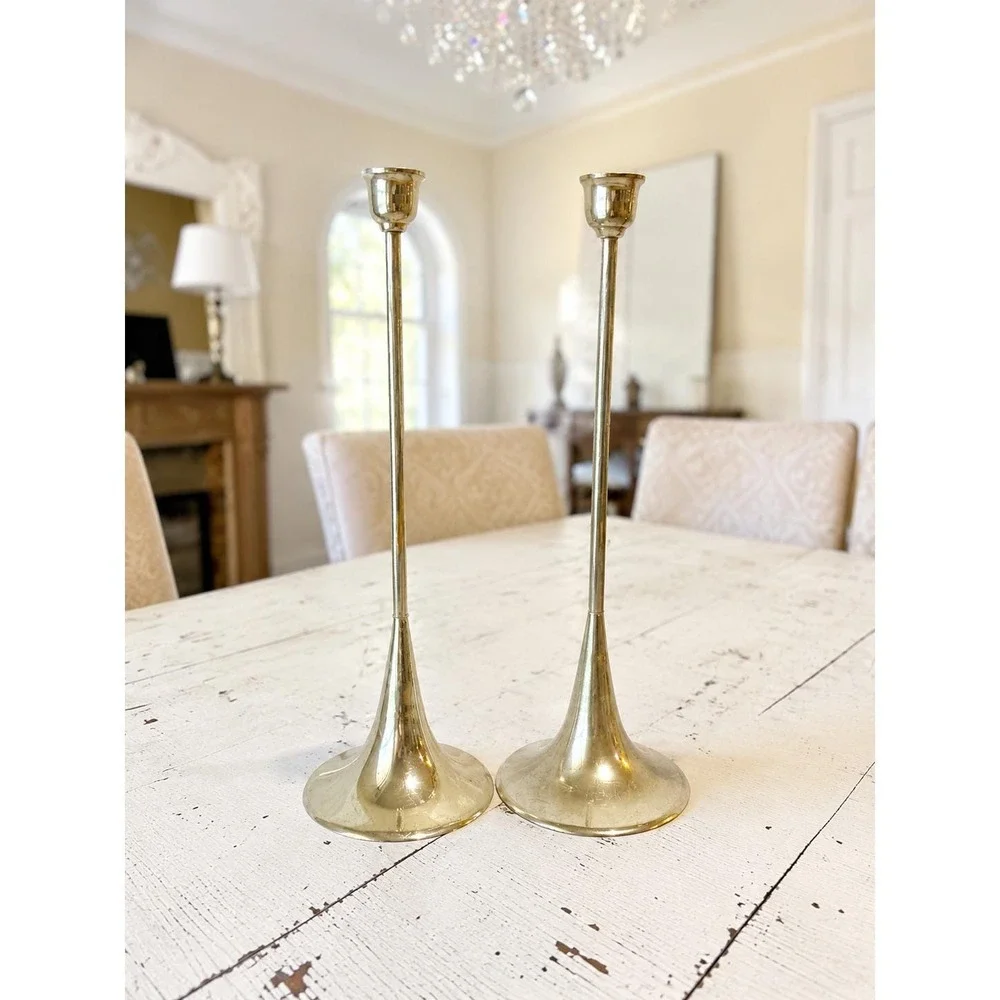 Vintage Silver Plated Candlestick Holders Set  2 Mid Century Modern Trumpet 12